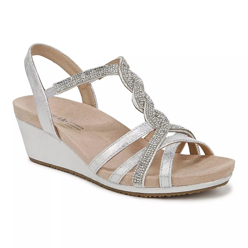 LifeStride Monaco Women Silver Open Toe Wedge Heels Size 8M New Box