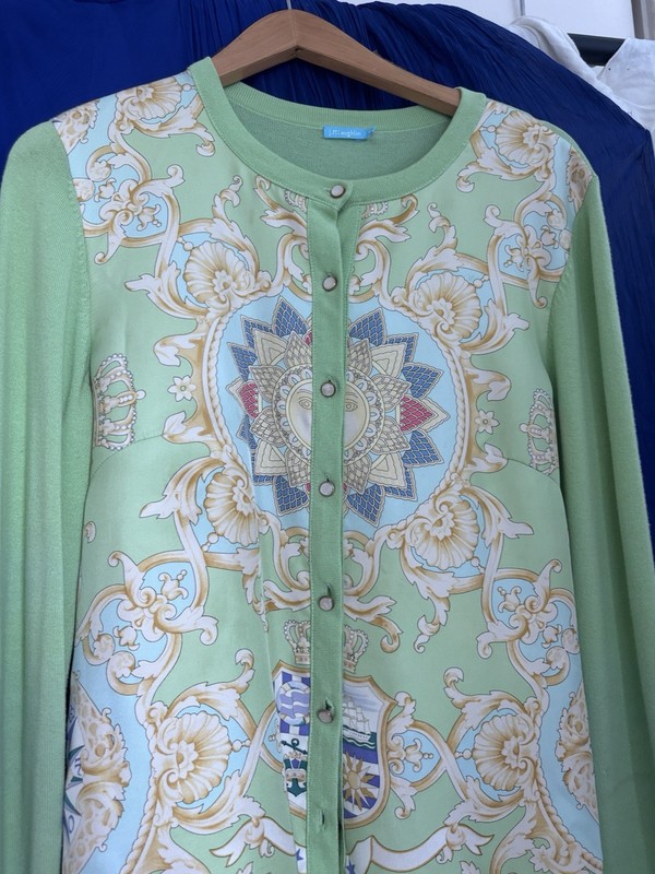 J. McLaughlin Mint Green Silk Front Scarf Print Cardigan L/S Sweater Buttons M