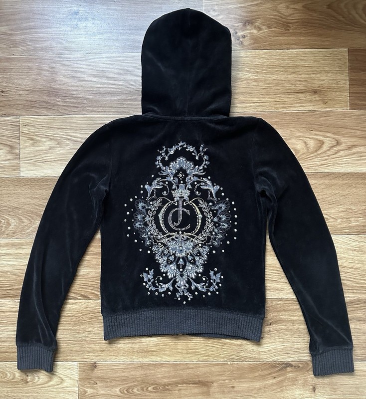JUICY COUTURE Vintage Y2K Black Velour Hoodie Rhinestone Crest Zipper Womens S