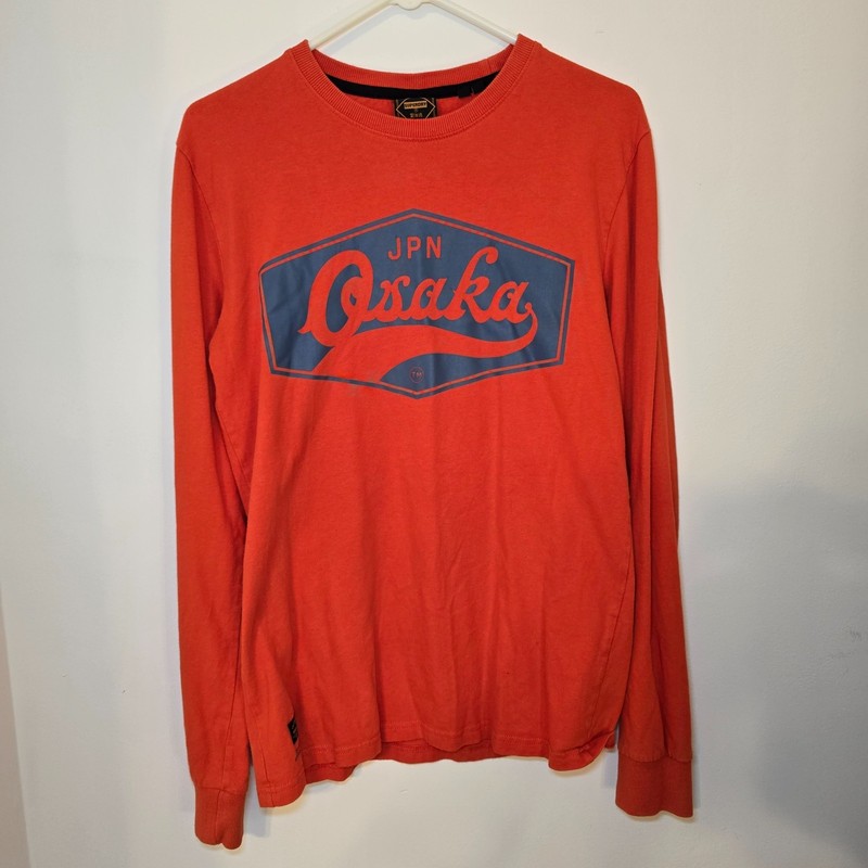 Superdry Osaka JPN Big Logo Long Sleeve Shirt Mens M Orange Japanese Streetwear