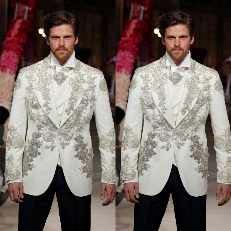 White 2Pcs Men’s Suits Luxury Beading Sequined Appliques Coat Shawl Lapel Jacket