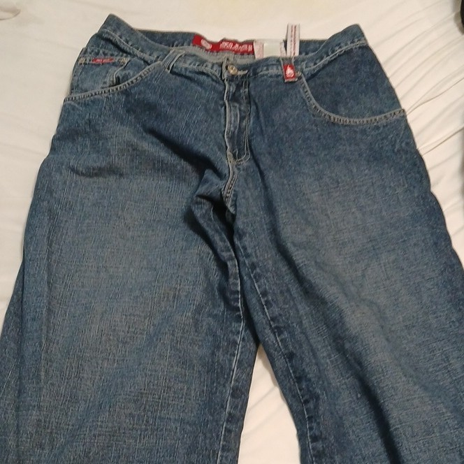JNCO Men’s Blue Denim Wide-Leg Relaxed Fit Jeans Crown Embroidered 36 gallery