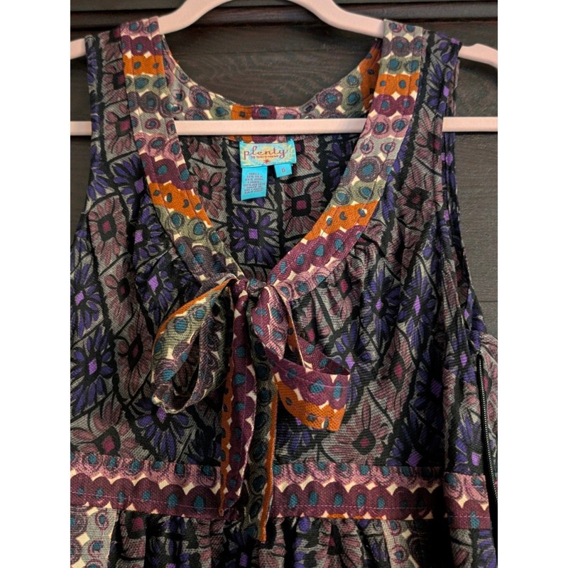 Plenty by Tracy Reese Silk Wool Blend Tie Neck Dress Purple Floral Geometric 6 gallery