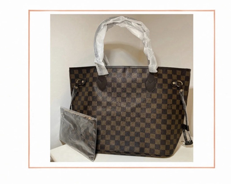 Brown Checkered Tote With Pouch