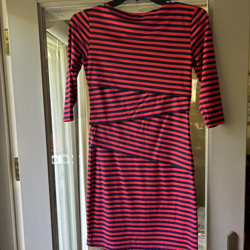 J. McLaughlin Tiered Dress Size S Navy and Red Stripes Catalina Cloth EUC gallery
