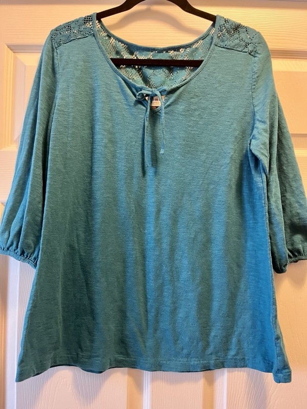 Sonoma Life + Style Women’s L Turquoise Knit Lace Yoke V-Neck 3/4 Sleeve Blouse