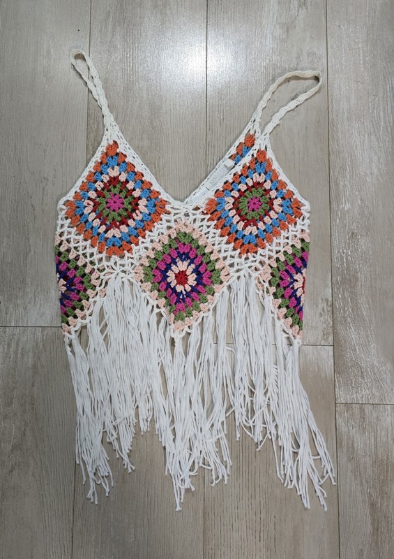 Rebellion Women’s M Multicolor Crochet Fringe V-Neck Lightweight Tank Cami