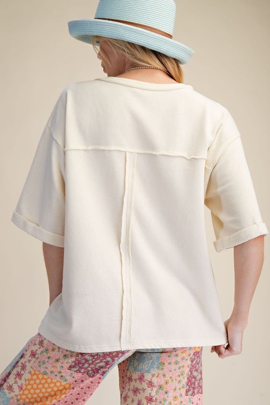 Easel Women's Crochet Flower Patch Short Sleeve Washed Knit Tee Top in Cream gallery