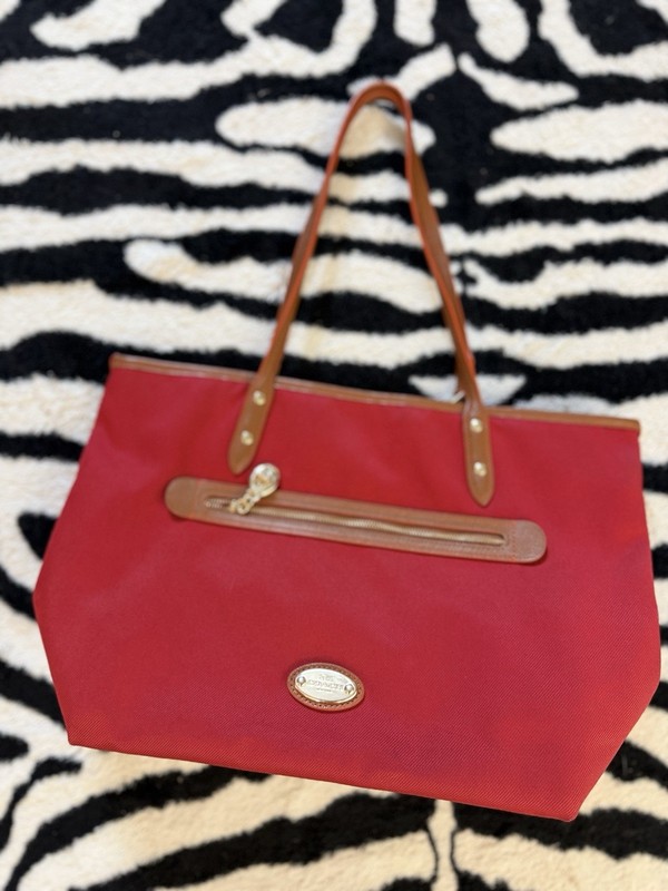 red Coach Sawyer tote bag polyester twill ft brown leather trim and handles