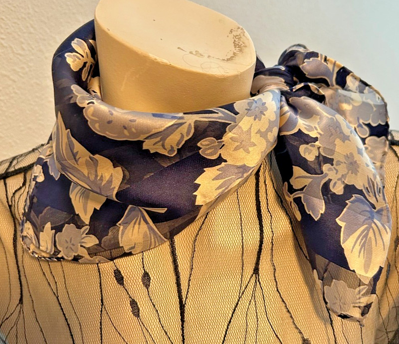 Vintage 20 x 19 In. Blue and White Sheer Silk Floral Print Scarf -VS-108 gallery