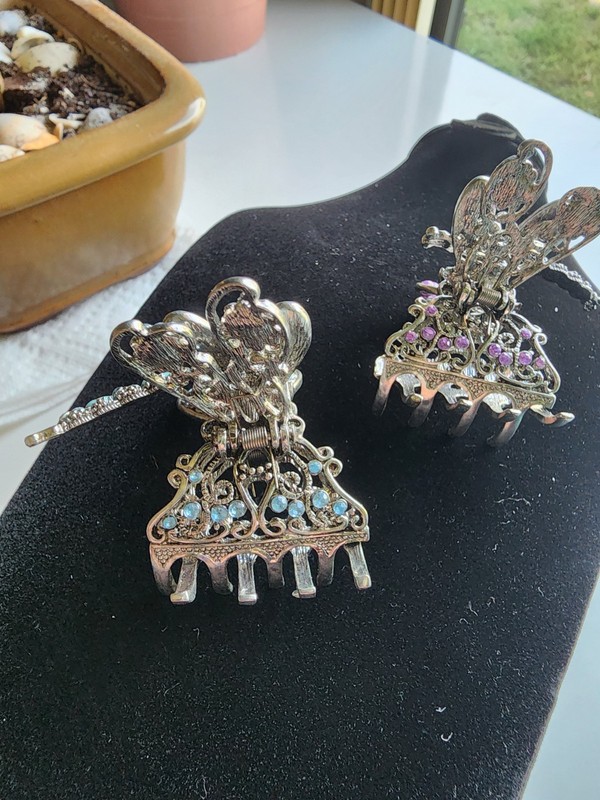 2 Vintage Silver Tone Embellished Butterfly Hair Clips, layered movable wings gallery