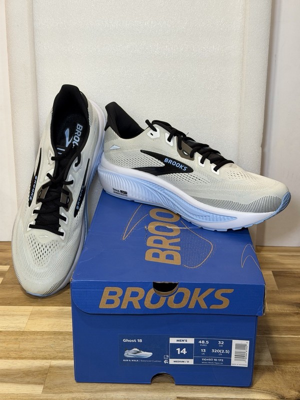 Brooks Ghost 18 Mens Size 14 D Running Training Gym Shoes White Black Blue NWB!
