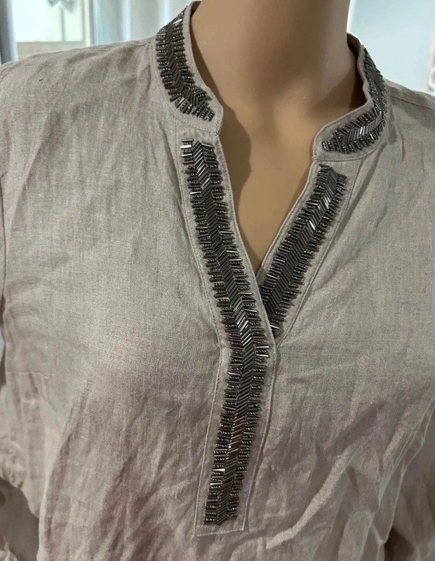 Charter Club 100% Linen Tunic Top Beaded Womens Large Petite gallery