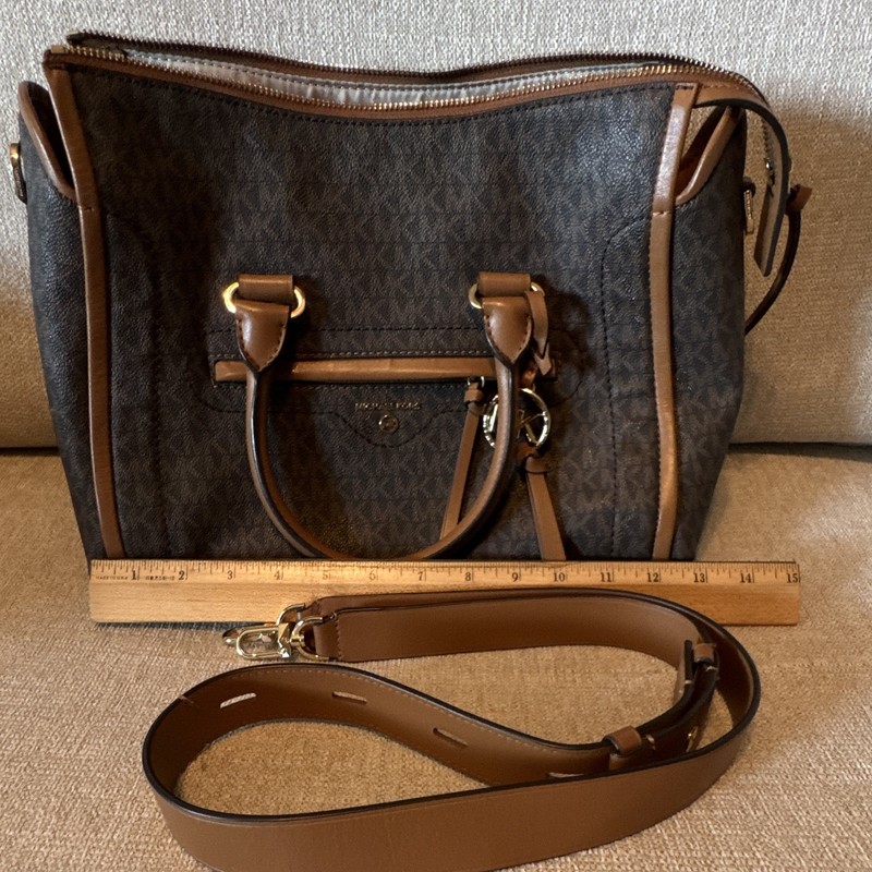 Michael Kors Carine Medium Satchel Brown Acorn Logo Gold Hardware Strap Accent gallery