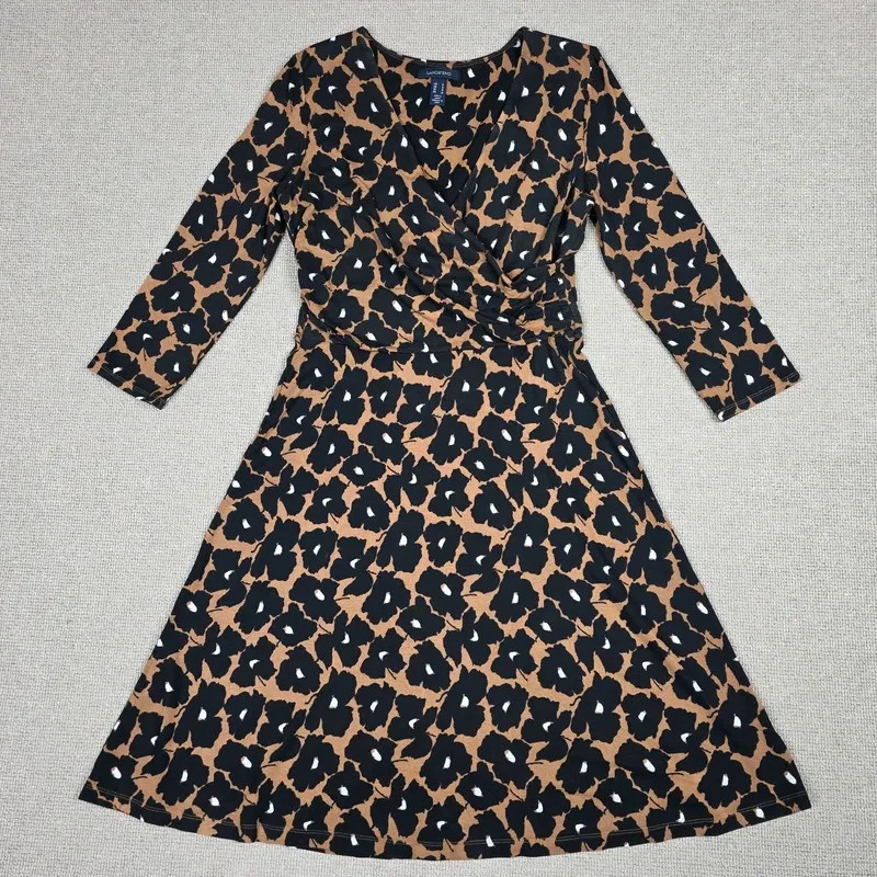 Lands’ End Faux Wrap Midi Dress – Size 14 – Brown Poppy Print