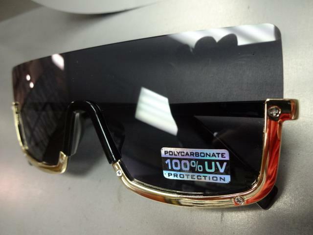 Classy Elegant Contemporary MODERN SHIELD Style SUN GLASSES Gold & Black Frame gallery