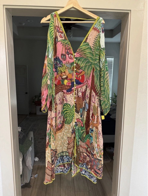 Multicolor Tropical Floral RARE Bird Silk Satin Maxi Kaftan Dress FARM RIO OS