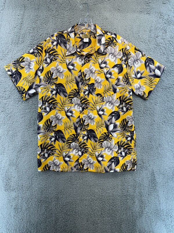 Men’s HABAND TRAVELERS Yellow Floral 100% Polyester Hawaiian Shirt Size Medium