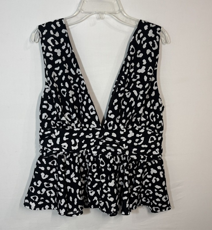 TIP Women’s Black White Leopard Print V Neck Peplum Blouse Size L