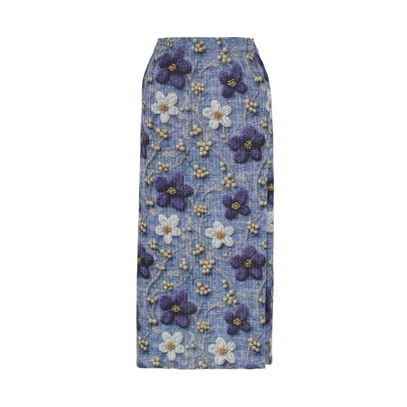 Women's Retro Printed Pleated Midi Skirt Elastic Waist Pockets Slit One Size gallery
