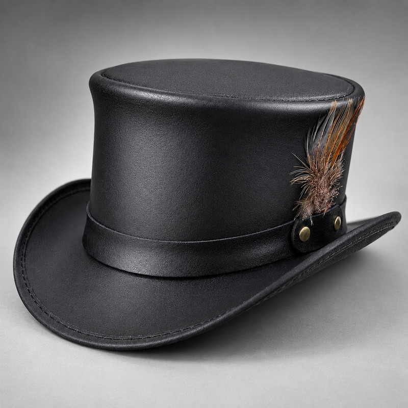 Handmade Black Leather Top Hat Feather Accent Brass Rivets Steampunk Unisex