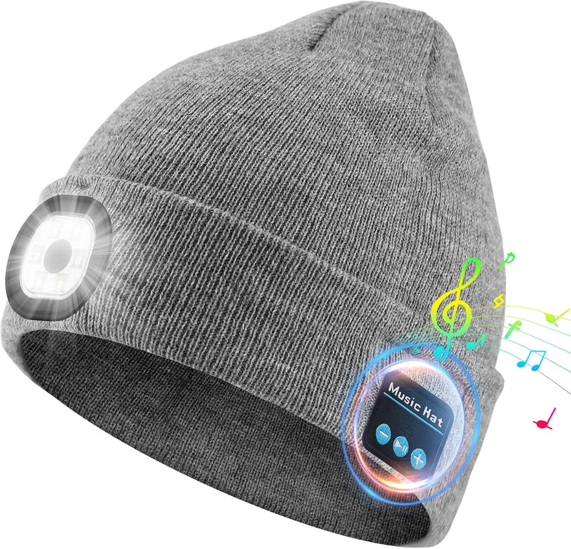Bluetooth Beanie with Light, Unisex USB Rechargeable 4 LED Headlamp Hat with Wir gallery