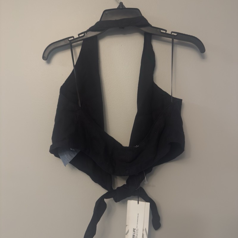 New Zara Women's 100% Linen Halter Tie Front Crop Top Black Size S 5520/272 gallery