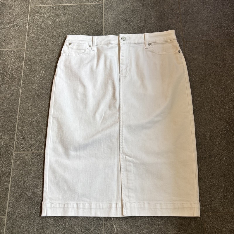 Talbots Size 10 White Denim Skirt 5 Pocket 3/4 Length Cotton Blend Front Slit