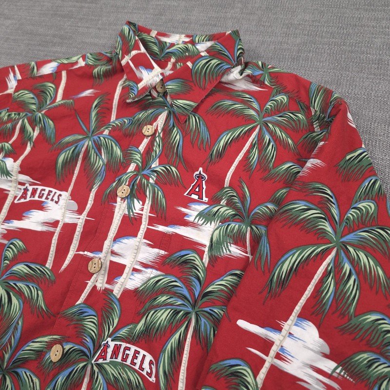 Reyn Spooner Anaheim Angels Hawaiian Shirt Men’s L Red MLB Baseball Palm Trees