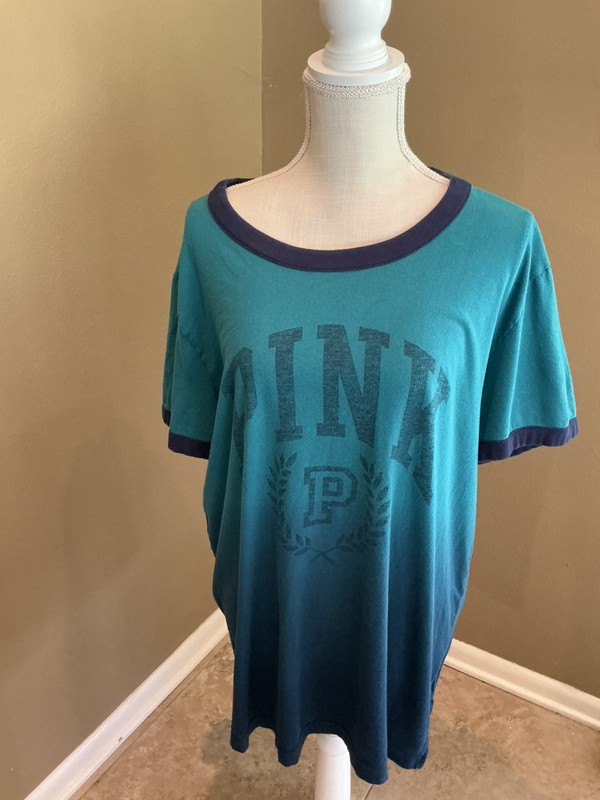 EUC XL VICTORIAS SECRET PINK CAMPUS RINGER TEE DEEP LAKE DIP DYE OMBRE