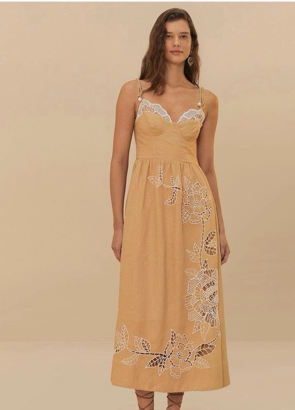 Caroline Constas women Golden Beige Embroidered Linen Long Maxi Dress sze Medium gallery