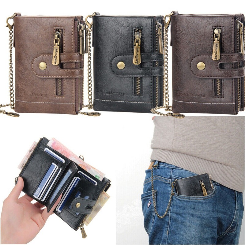 Bifold Double Zipper Coin Pocket Leather Purse Men Wallet with Anti-Theft Chain gallery