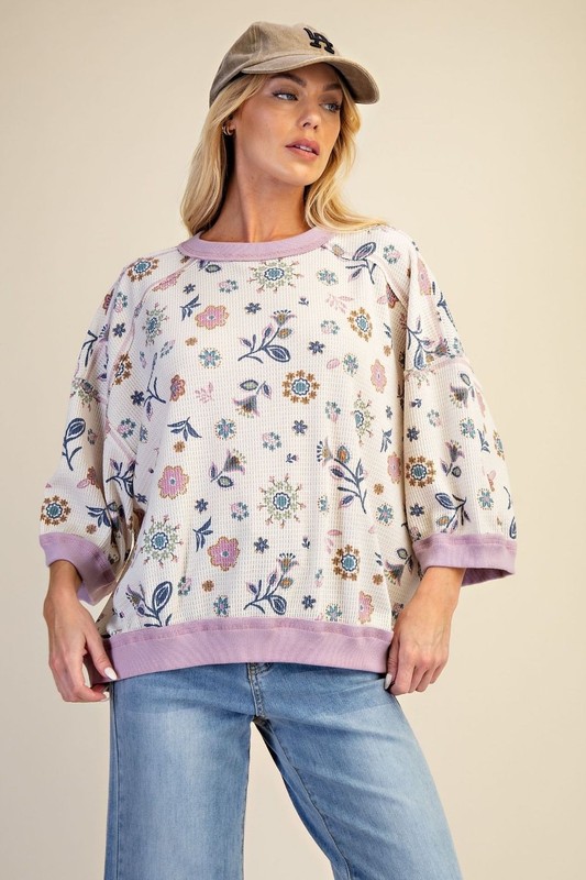 Easel Women's Wildflowers Textured Waffle Knit Top in Lilac Blue gallery