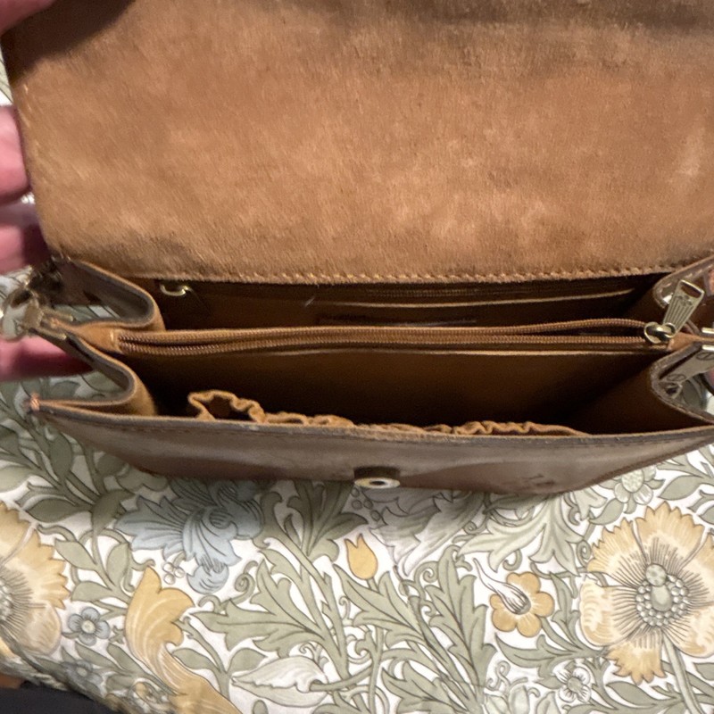 Brown Stamped Floral Satchel Top Handle Turn Lock Crossbody Strap Gold HW gallery