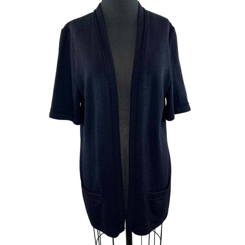 St John Basics Black Santana Wool Knit Open Front Duster Cardigan Large L FLAW