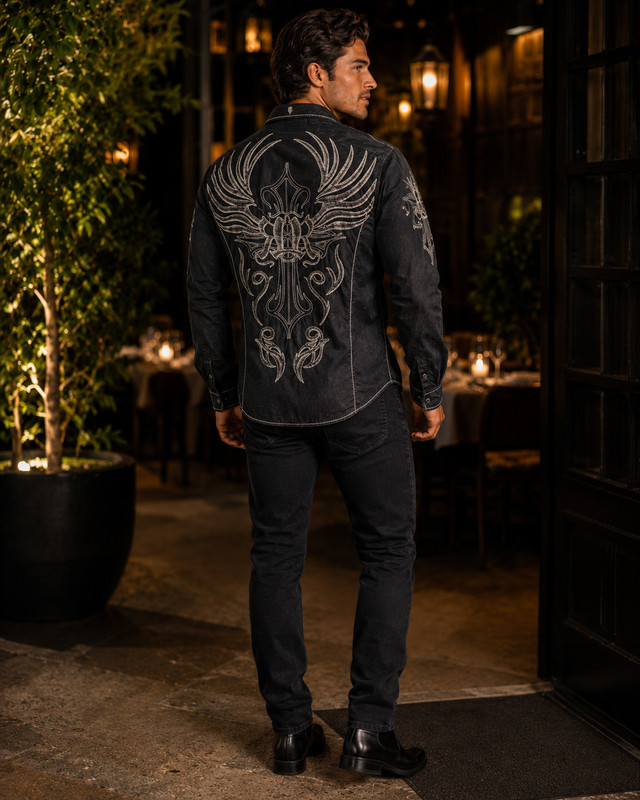 Roar Buckle Mens XXL Black Embroidered Cross Button Up Shirt Y2K Western Grunge