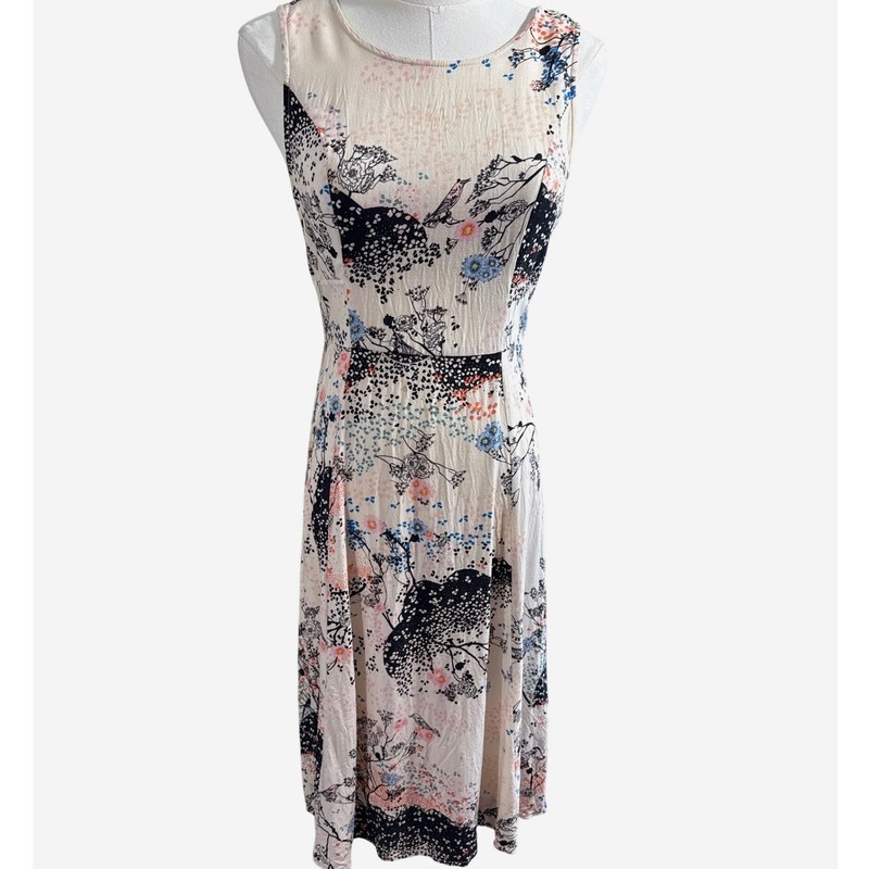 Sunny Girl Womens Floral Bird Print Sleeveless Midi Dress Cream Blue Size 8