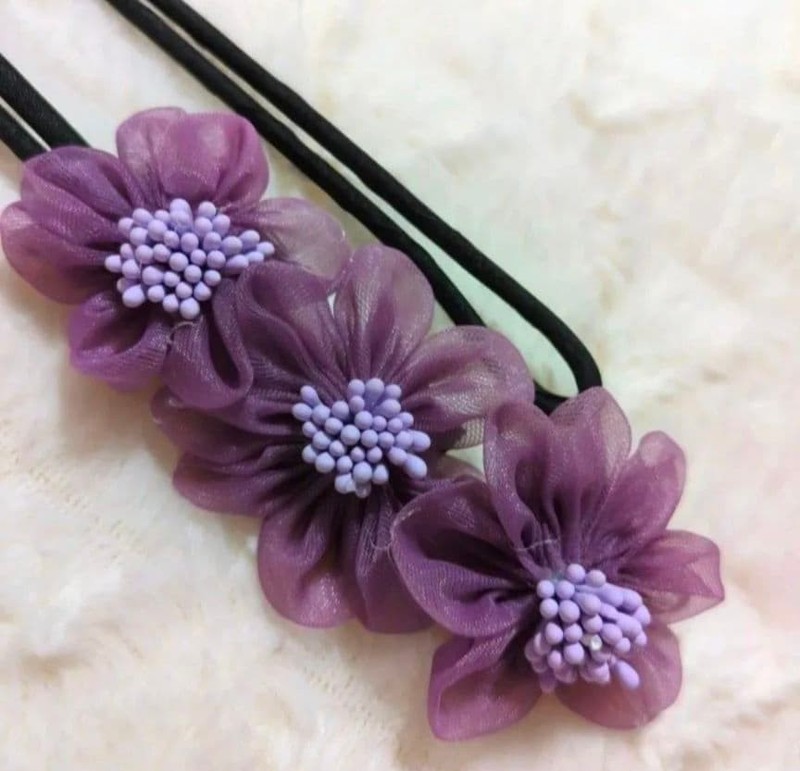 Purple chiffon flower hair accessory for bun, chignon, yukata style gallery