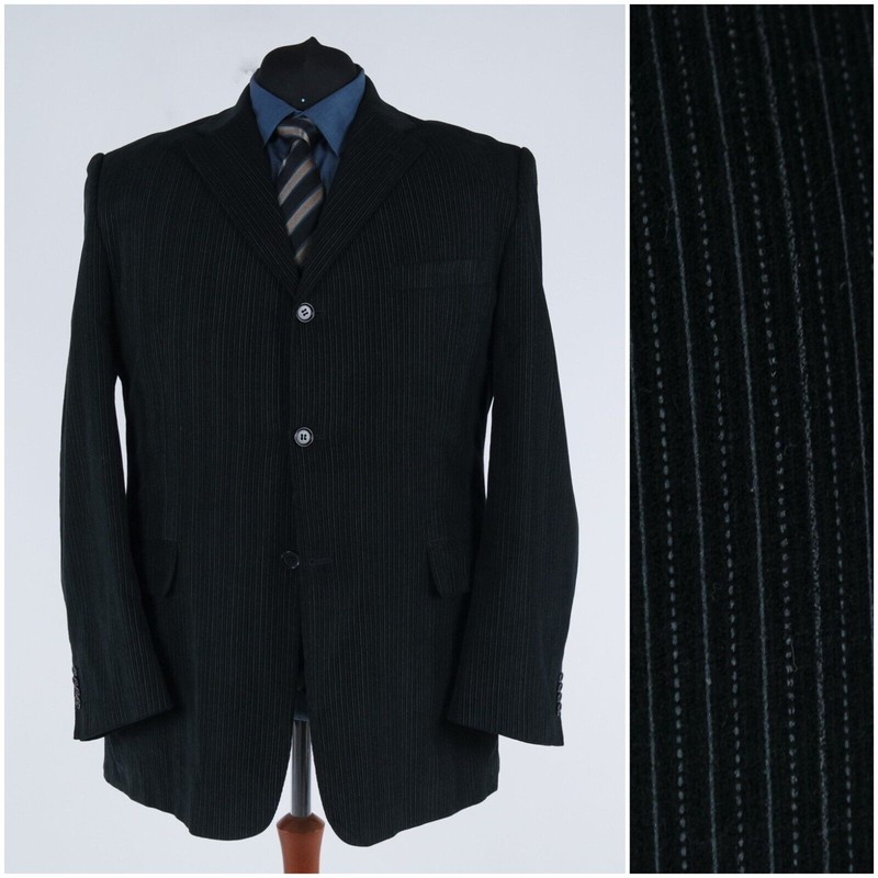 Mens Striped Black Sport Coat 50L US Size ANGELO LITRICO Cotton Blazer Jacket