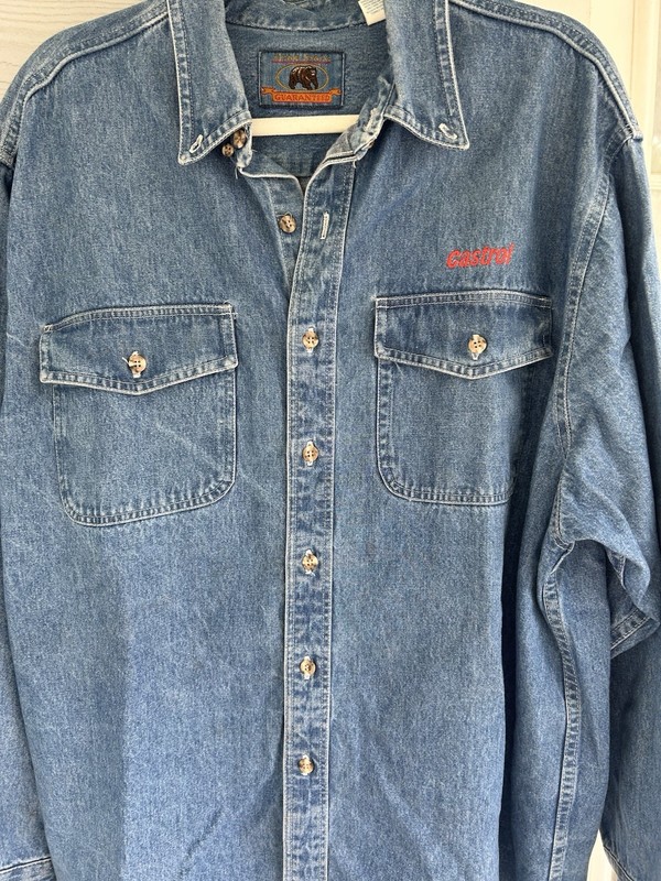Vintage Men’s XL Denim Button Down Shirt Castrol Logo Made USA Cotton Work Shirt gallery