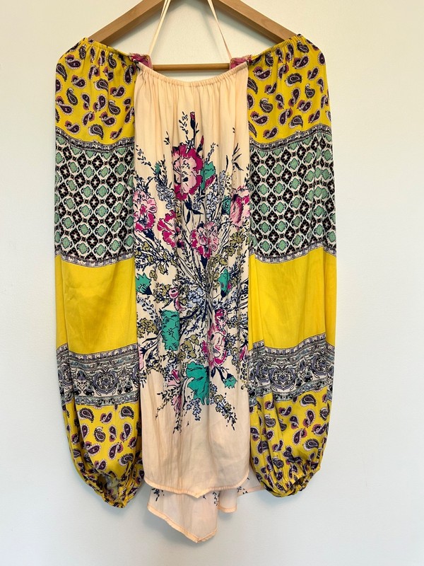 Free People Positano Boho Top LG Festival Floral Off Shoulder Asymmetric Peasant gallery