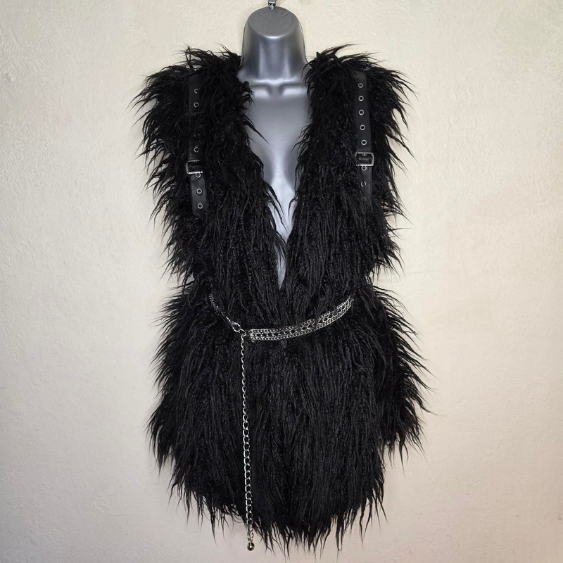 Killstar Black Faux Fur Shag Vest with Chain Belt gallery