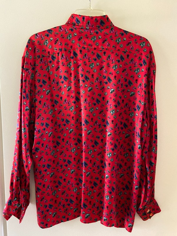 ESCADA SILK VINTAGE LONG BLOUSE IN RED DITSY ROSE PRINT 40 14 WEST GERMANY gallery