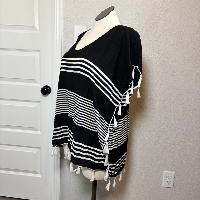 C&T Beach Black White Striped Tassel Trim Kaftan Swim Coverup Large Rayon Boho gallery