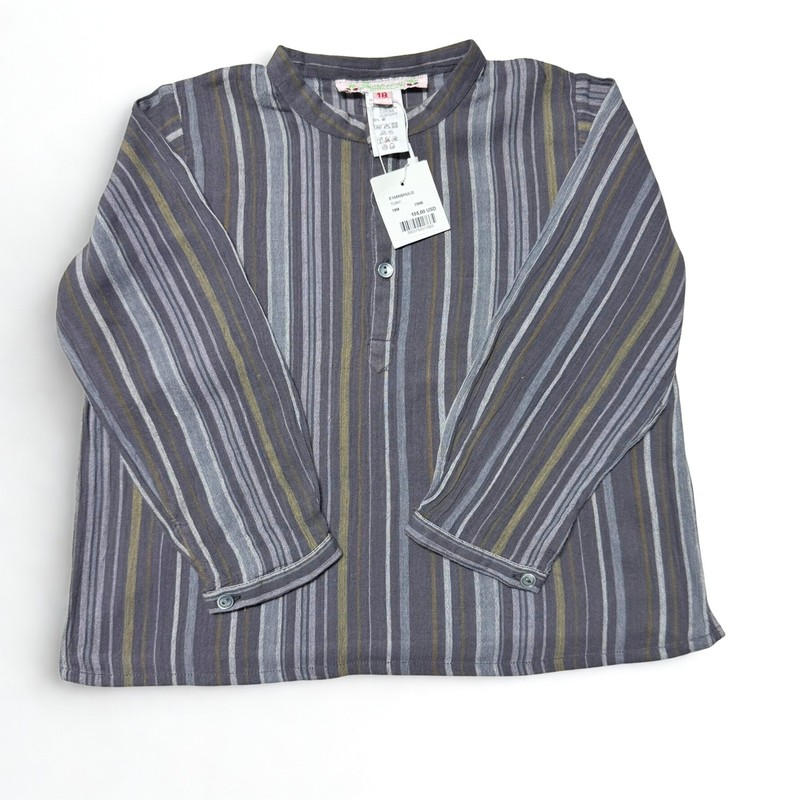 Bonpoint Baby Boy Shirt 12-18 Months Cotton Gray Check & Stripe Pattern