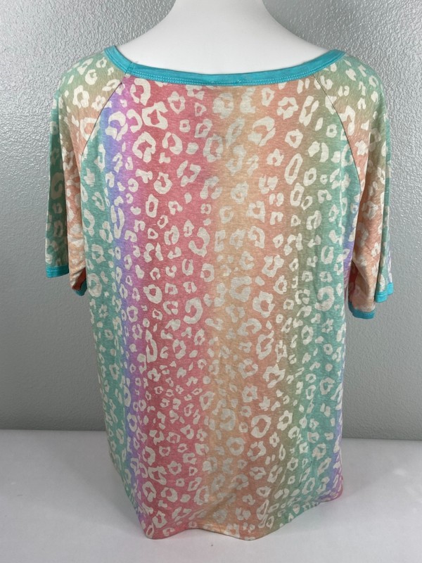 Bibi Women XL Rainbow Leopard Print Top T Shirt Multi Color Casual NWT gallery