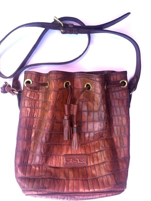 Vintage Dooney & Bourke Crocodile Leather Brown Bucket Drawstring Shoulder Bag