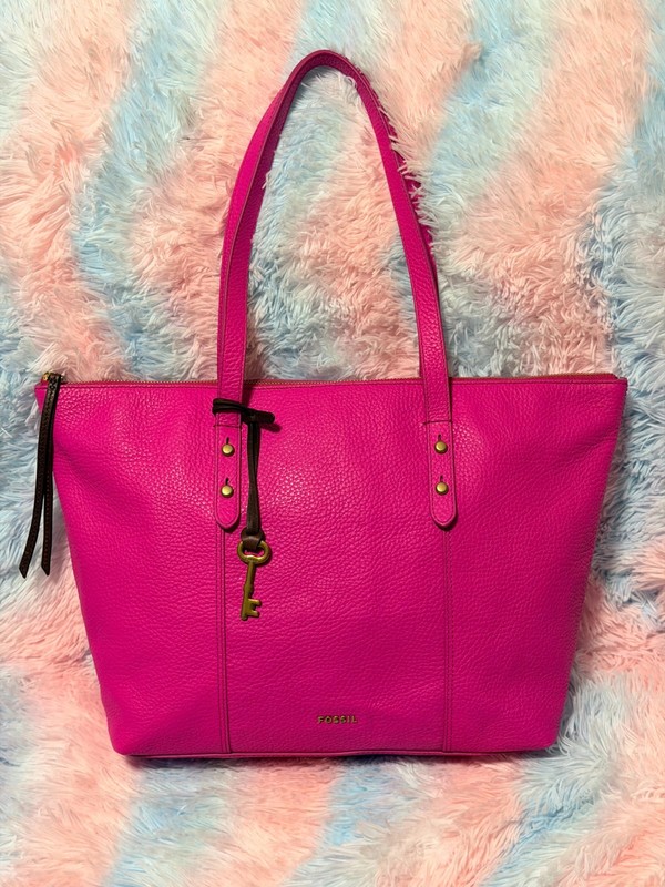 Fossil Jenna Leather Shopper Tote Handbag + Key Hot Pink New