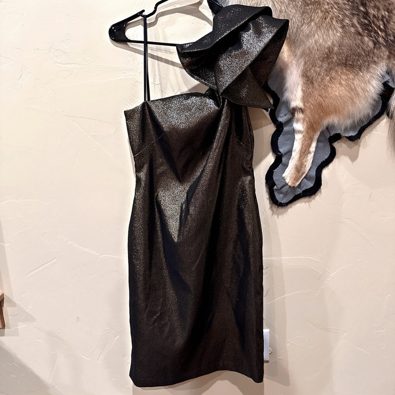 Eliza J 12 Gold Black Metallic One Shoulder Ruffle Cocktail Dress Party Holiday