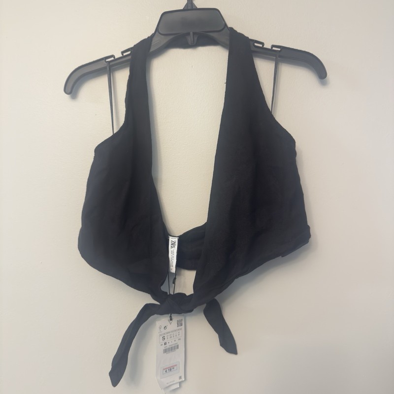 New Zara Women's 100% Linen Halter Tie Front Crop Top Black Size S 5520/272 gallery
